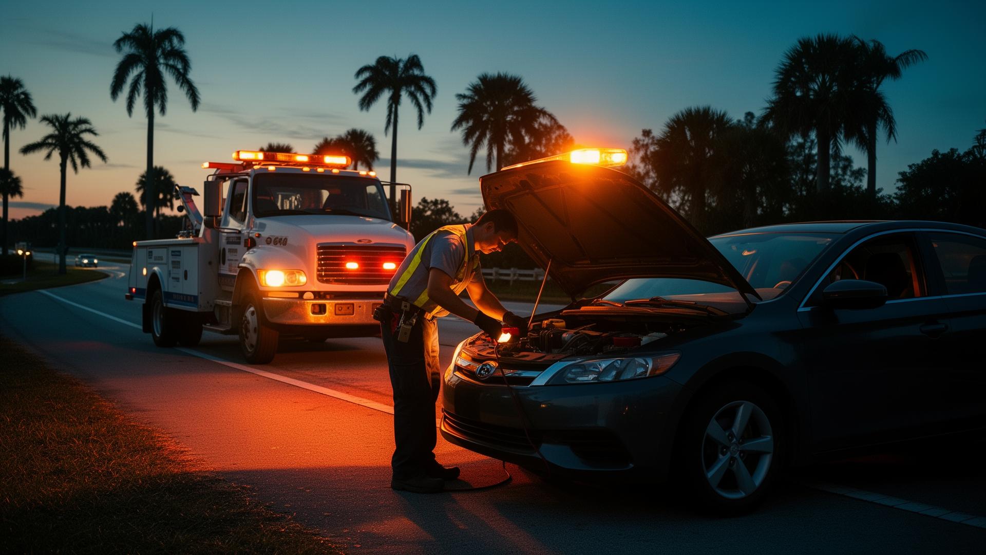 Taj Towing roadside assistance technician jump-starting a car in Land O' Lakes FL