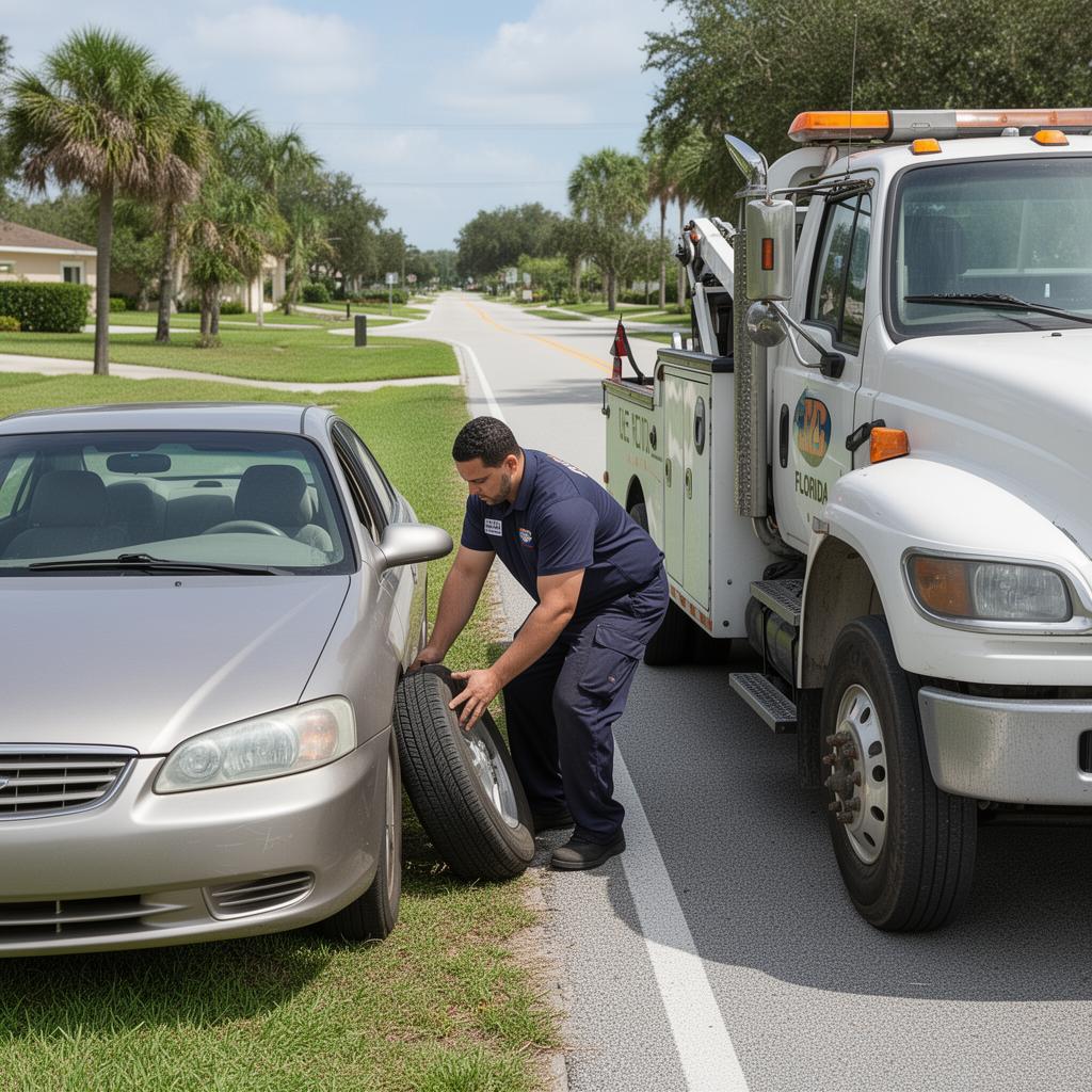 Taj Towing technician changing a flat tire roadside in Tampa Bay